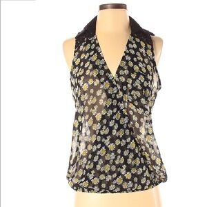 Heartsole size S blouse black navy w yellow daisies Chiffon & lace sleeveless